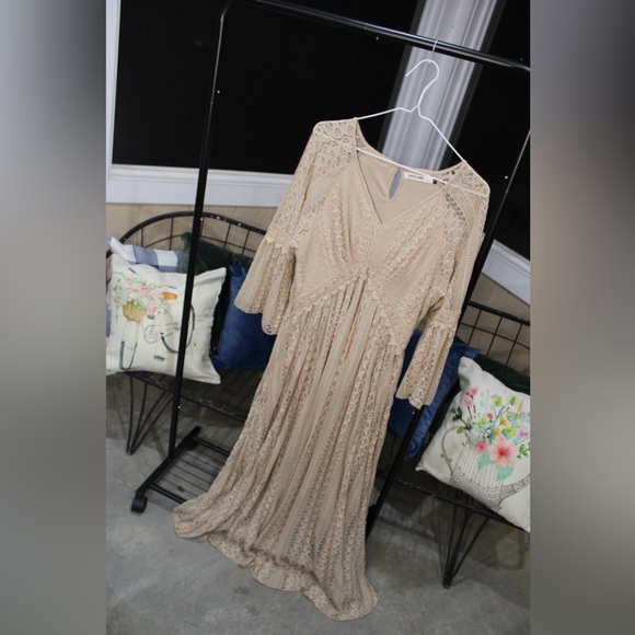 Origami Dresses & Skirts - Beige Lace Boho Maxi Dress | Crochet Embroidered Flowy Dress